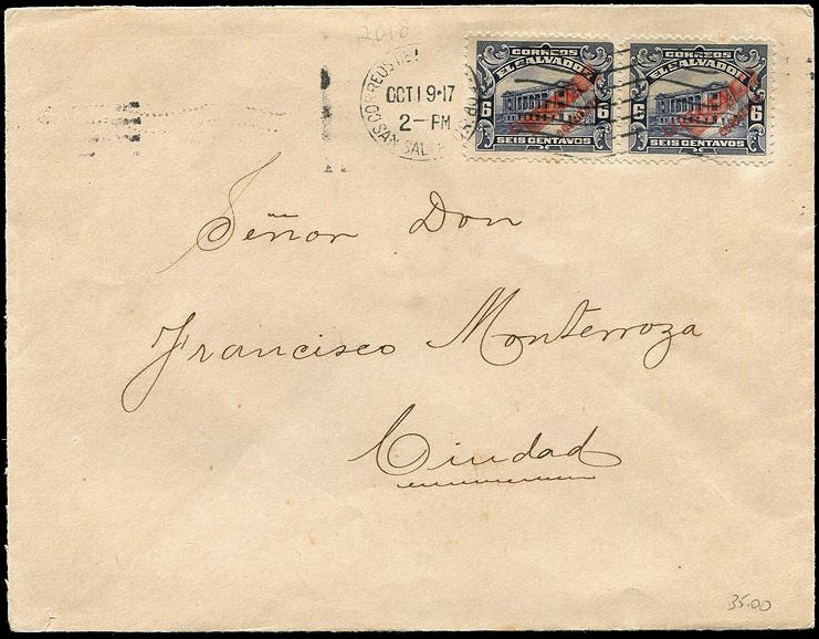 sellos timbres-poste Briefmarken stamps El Salvador 1917 surcharged Tram Trolley Tranvia National Theatre teatro nacional 